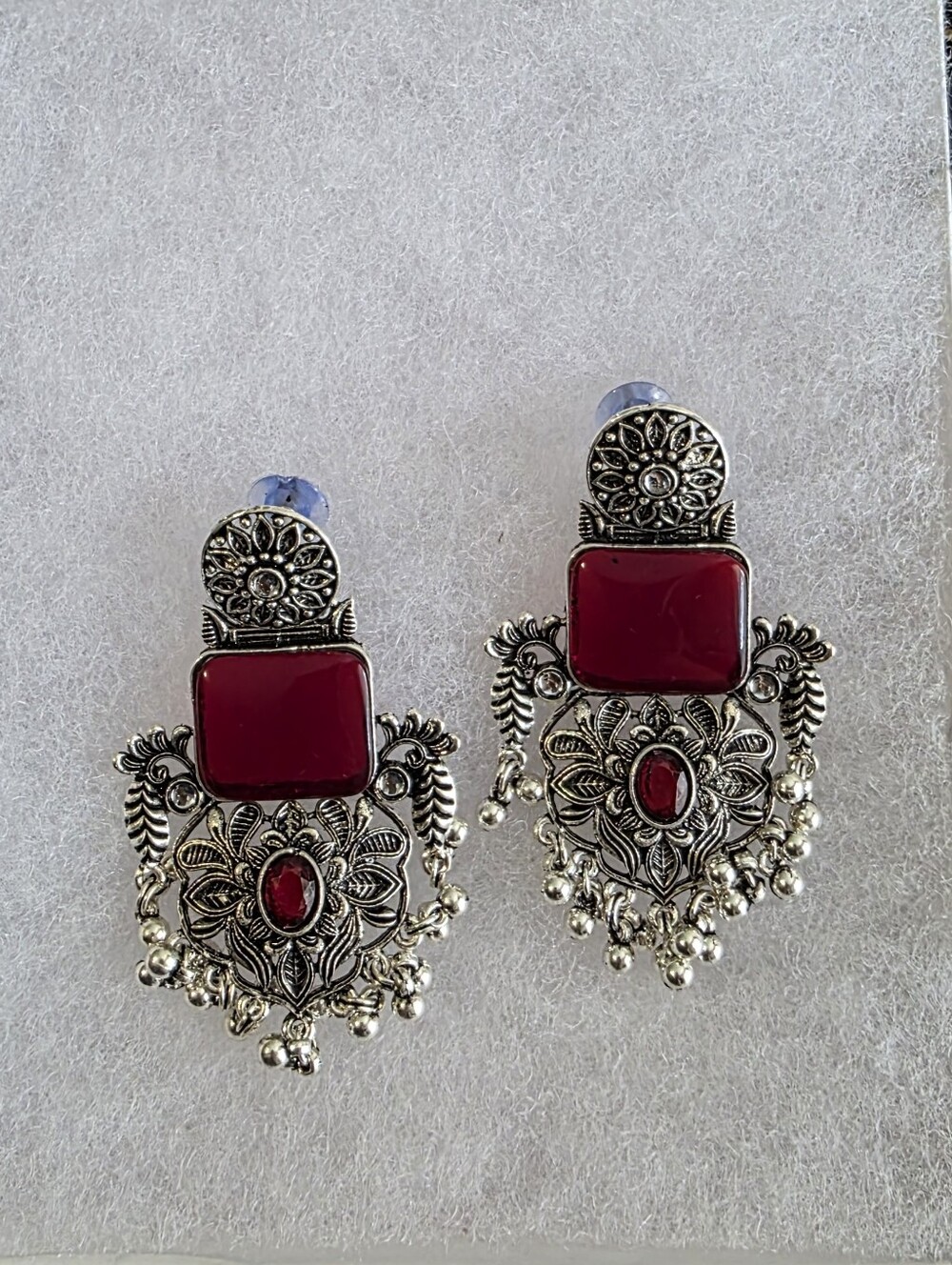 Silver-Tone Red Stone Filigree Drop Oxidized Earrings
